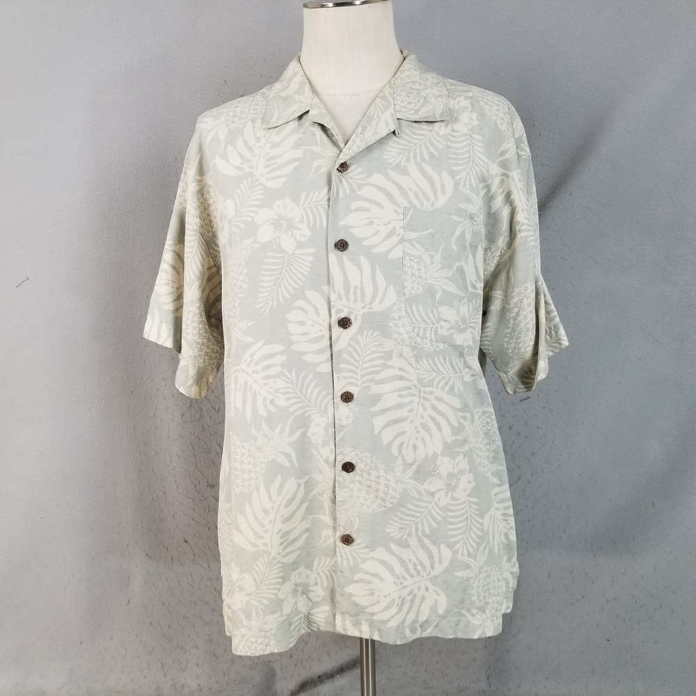 Tommy Bahama Shirt Mens XL Green Silk Tropical Pineapple Hibiscus Camp Button Up